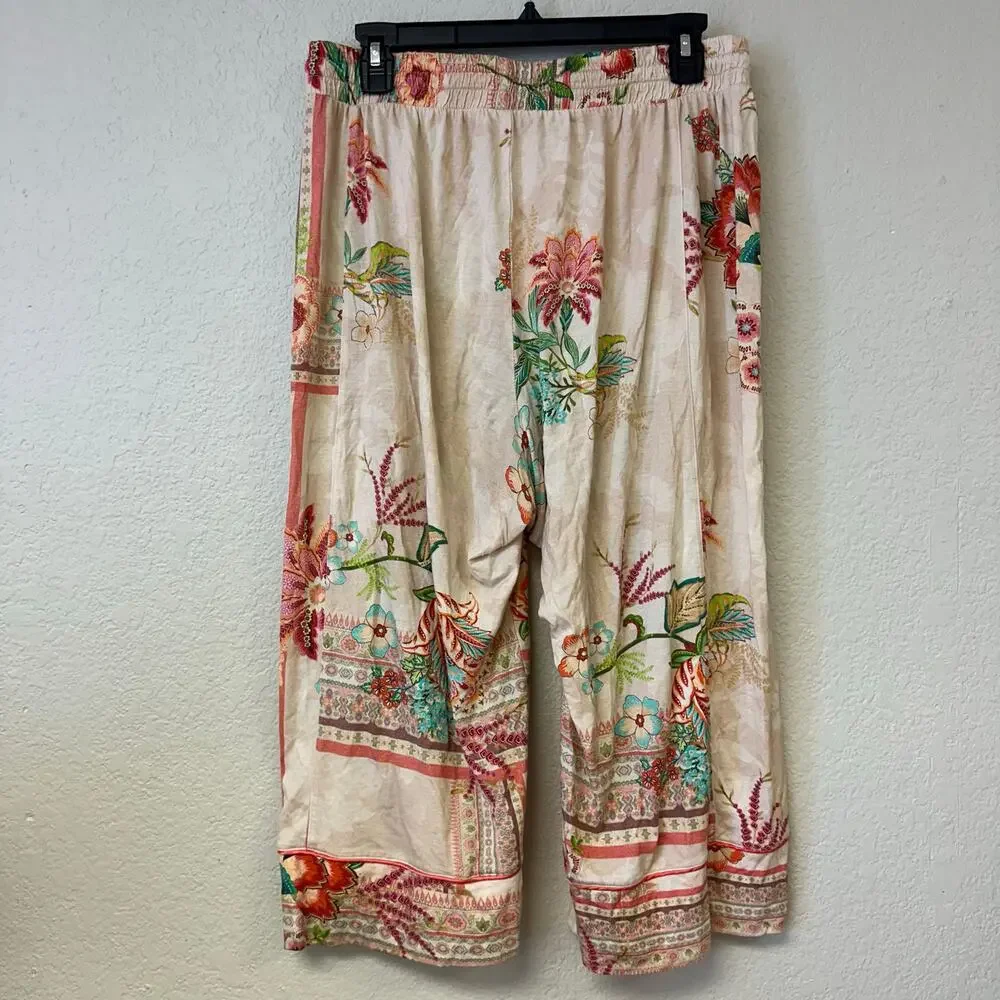 Johnny Was Printed Cotton Lounge Set Button Up Top Wide Leg Pants Rose M - Picture 7 of 9